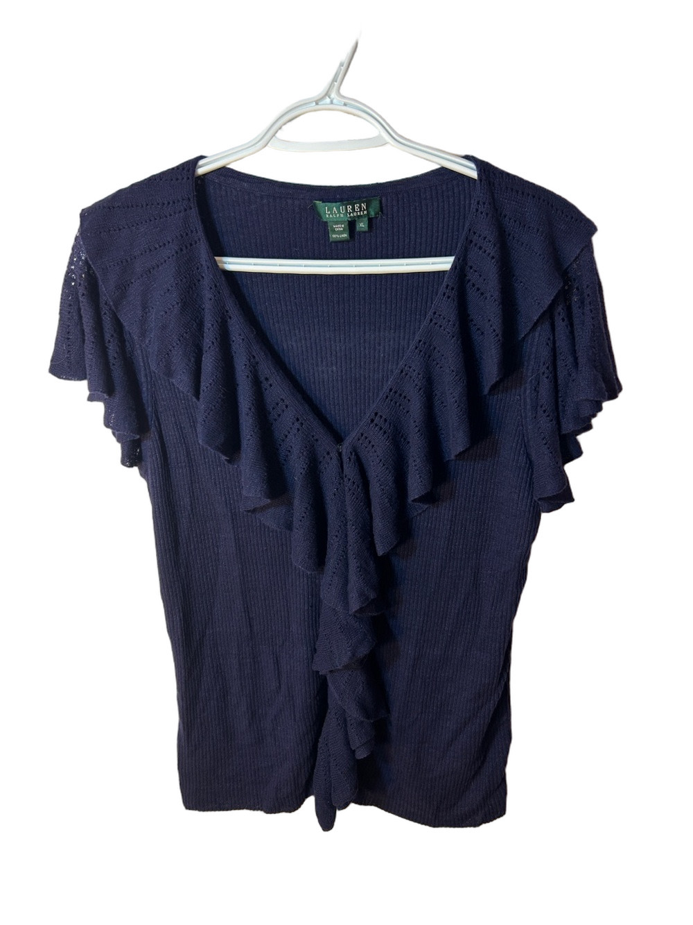 Lauren Ralph Lauren Linen Navy Ruffle V-Neck Short Sleeve Ribbed Knit Top XL